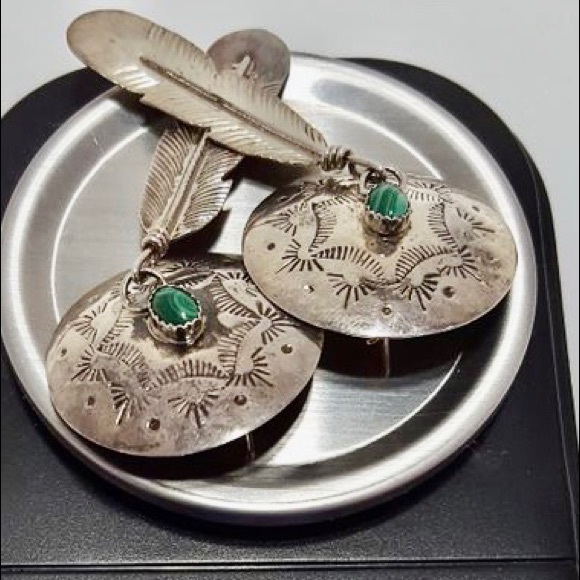 sterling silver concho earrings with malachite stones and feather dangles - Picture 4 of 4